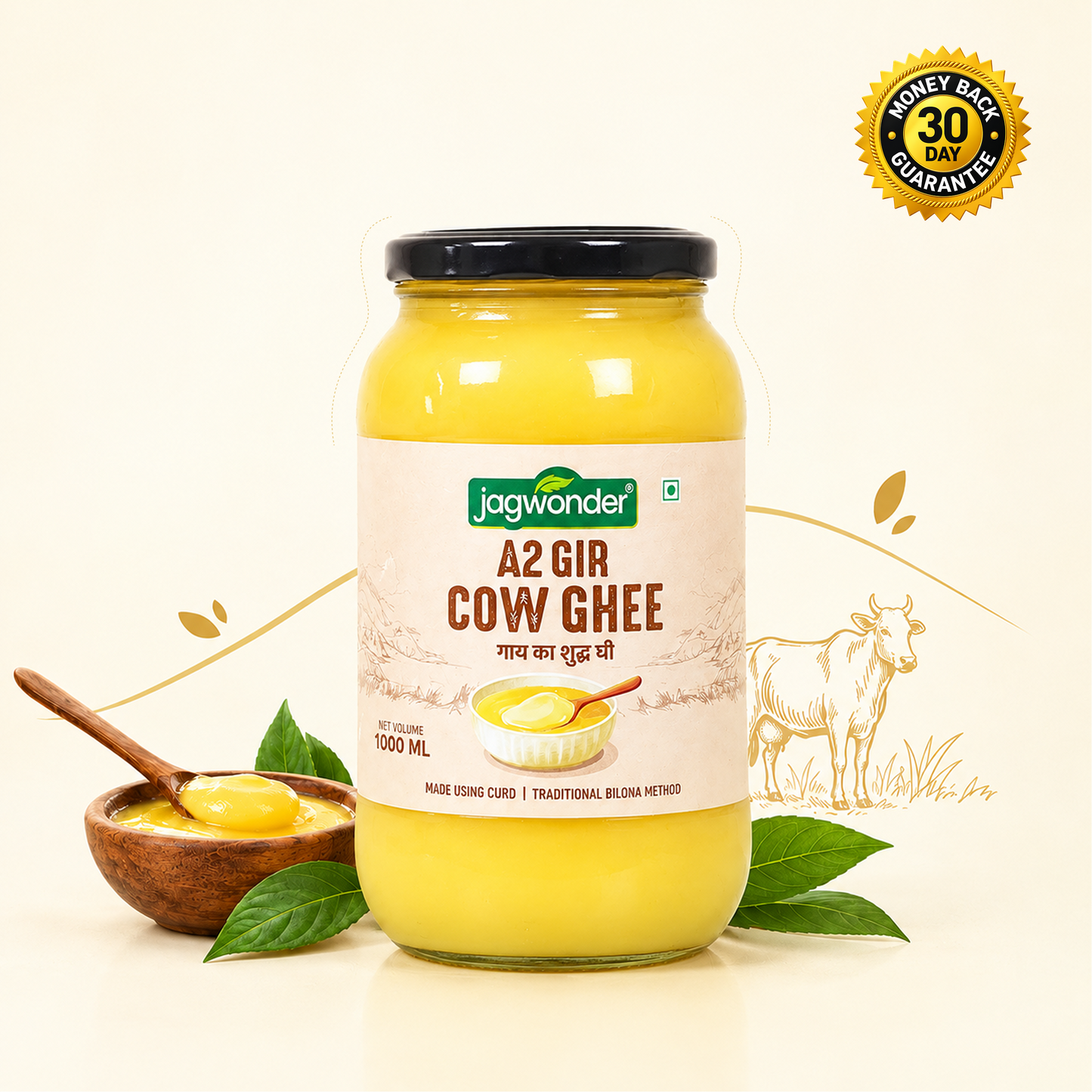 Jagwonder A2 Gir Cow Ghee 1 Ltr, Lactose free and infused with tulsi for balancing tridosha , Billona Method, Cultured, Glass Jar