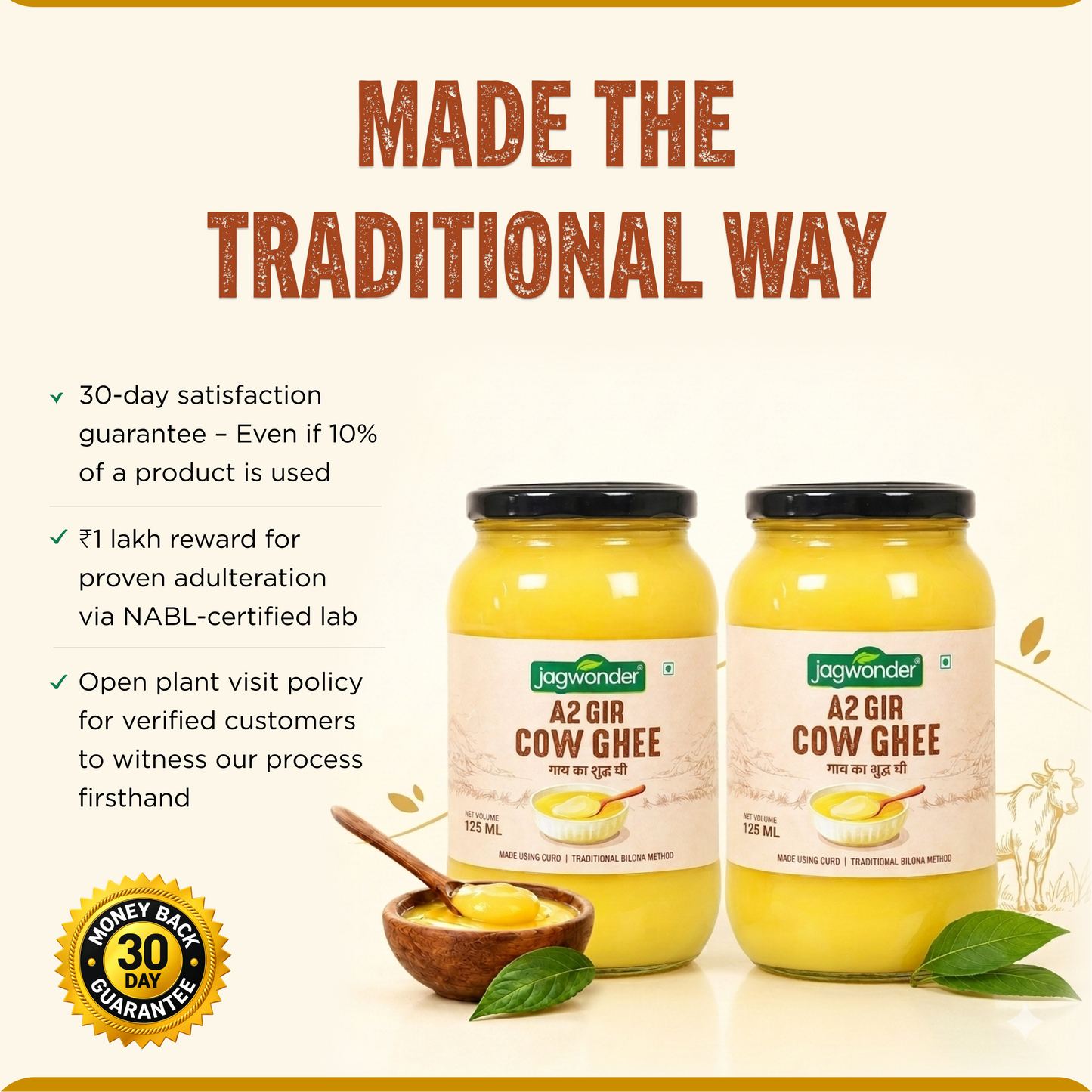 Jagwonder A2 Gir Cow Ghee 250ml ( 125ml*2) Lactose free ,  infused with tulsi for balancing tridosha , | Cultured, Bilona Method, Pure Desi Ghee | Made in Small Batches
