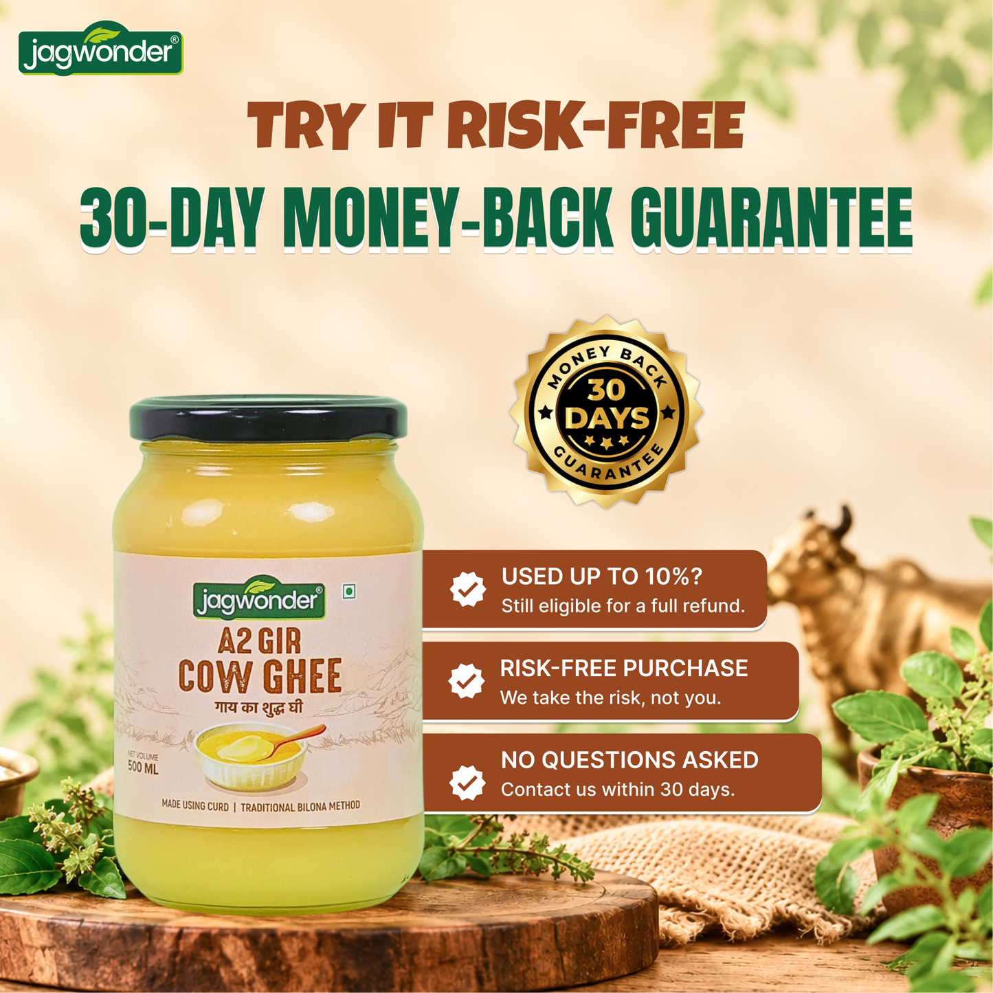 Jagwonder A2 Gir Cow Ghee 2L (1L x 2), Lactose free and infused with tulsi for balancing tridosha , Cultured & Bilona Made
