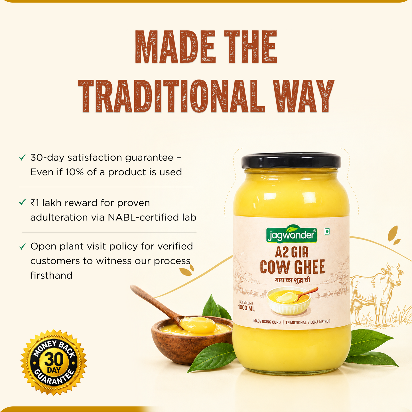Jagwonder A2 Gir Cow Ghee 1 Ltr, Lactose free and infused with tulsi for balancing tridosha , Billona Method, Cultured, Glass Jar