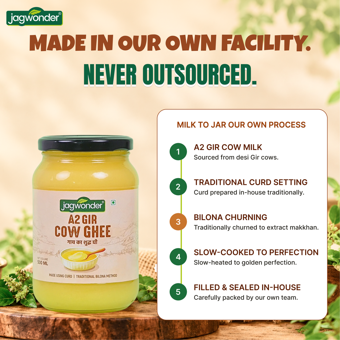 Jagwonder A2 Gir Cow Ghee 2L (1L x 2), Lactose free and infused with tulsi for balancing tridosha , Cultured & Bilona Made