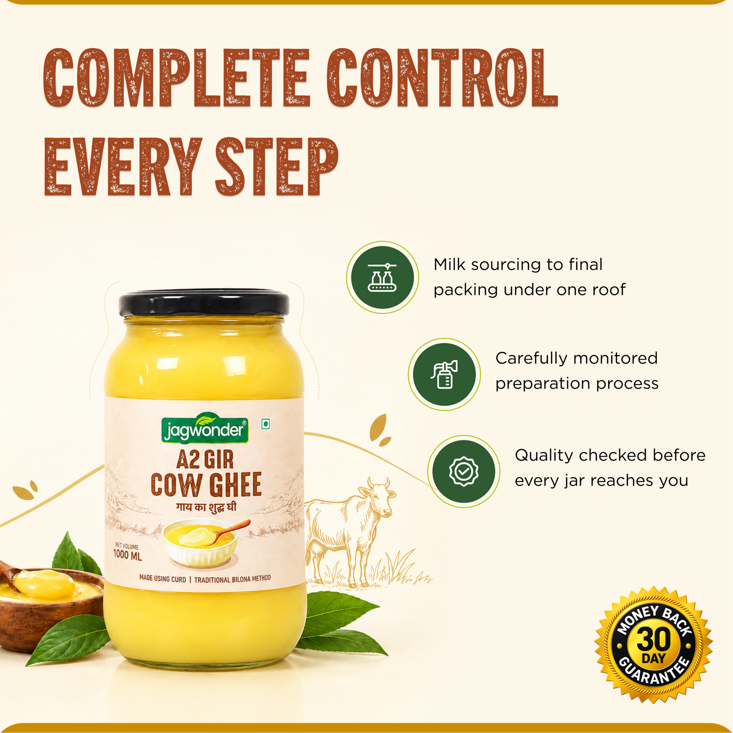 Jagwonder A2 Gir Cow Ghee 1 Ltr, Lactose free and infused with tulsi for balancing tridosha , Billona Method, Cultured, Glass Jar