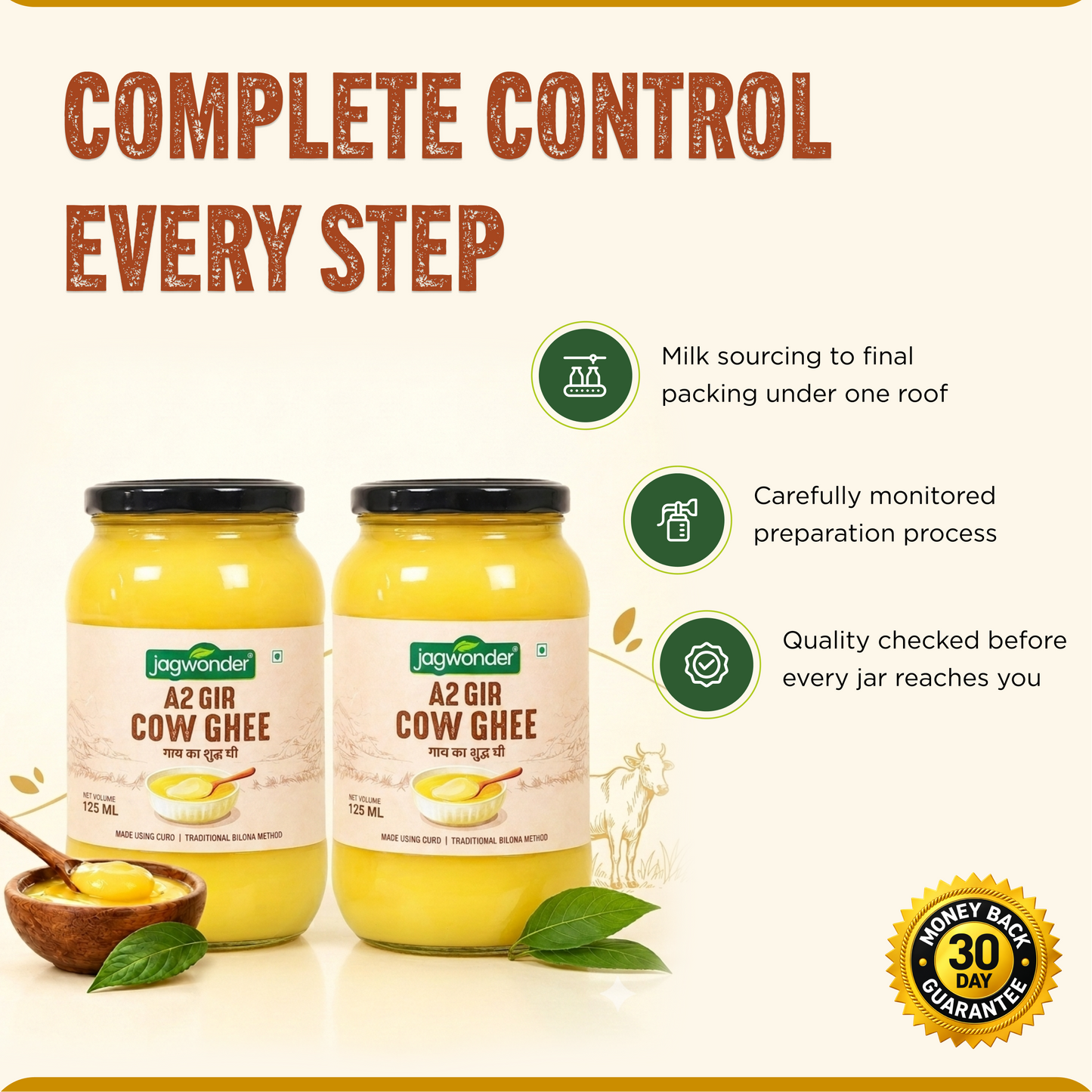 Jagwonder A2 Gir Cow Ghee 250ml ( 125ml*2) Lactose free ,  infused with tulsi for balancing tridosha , | Cultured, Bilona Method, Pure Desi Ghee | Made in Small Batches