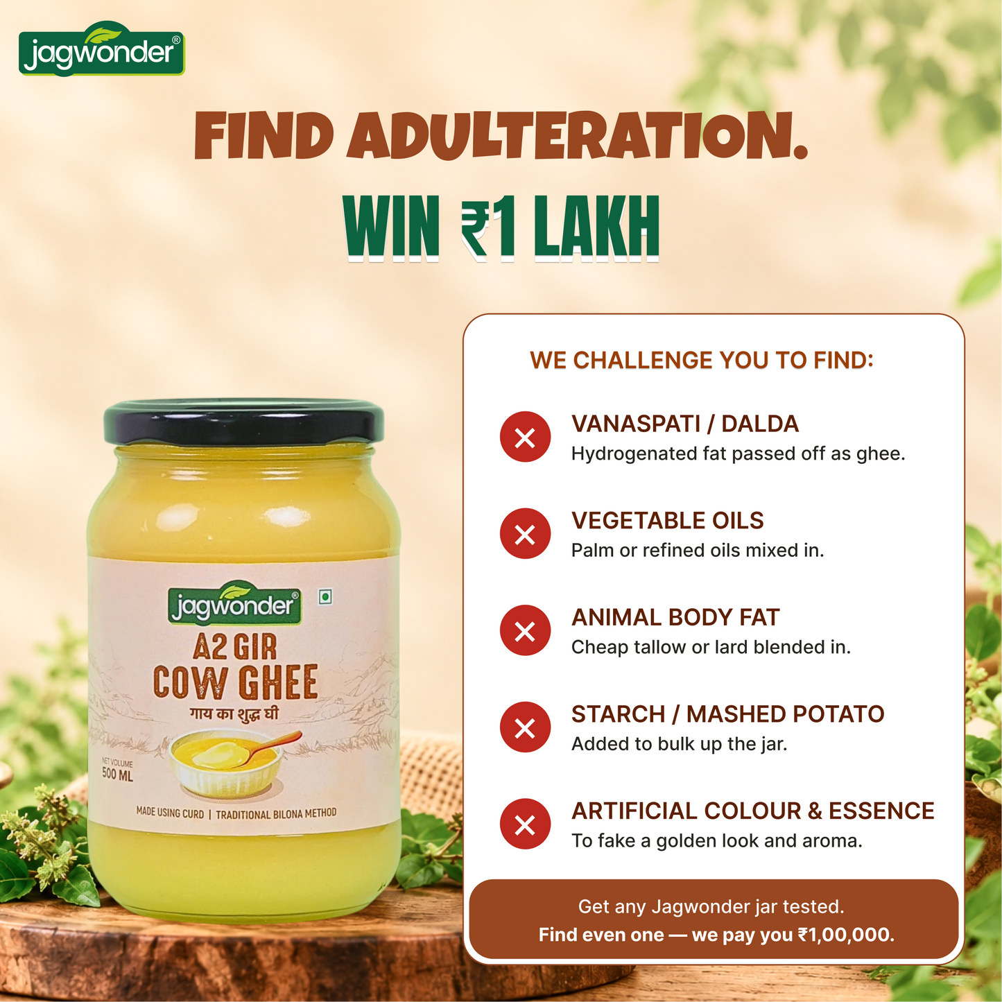 Jagwonder A2 Gir Cow Ghee 2L (1L x 2), Lactose free and infused with tulsi for balancing tridosha , Cultured & Bilona Made