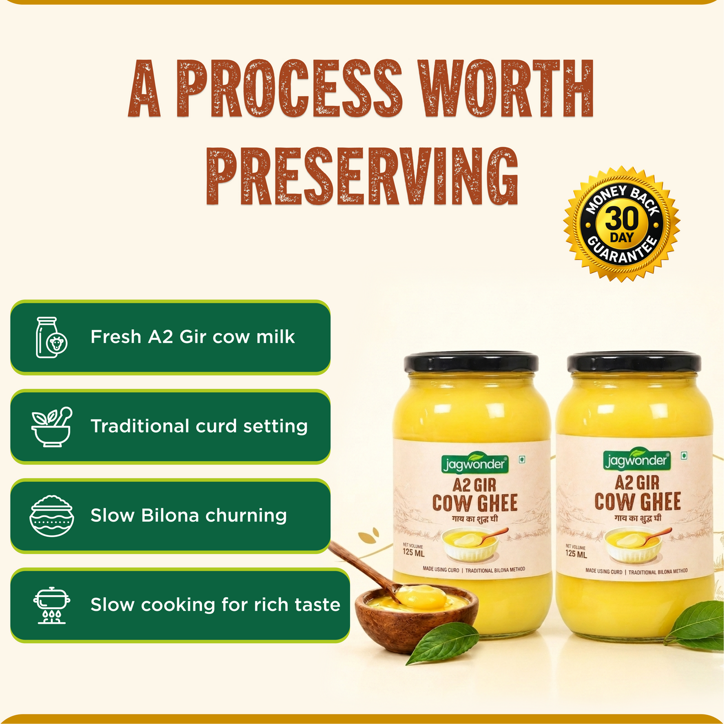 Jagwonder A2 Gir Cow Ghee 250ml ( 125ml*2) Lactose free ,  infused with tulsi for balancing tridosha , | Cultured, Bilona Method, Pure Desi Ghee | Made in Small Batches