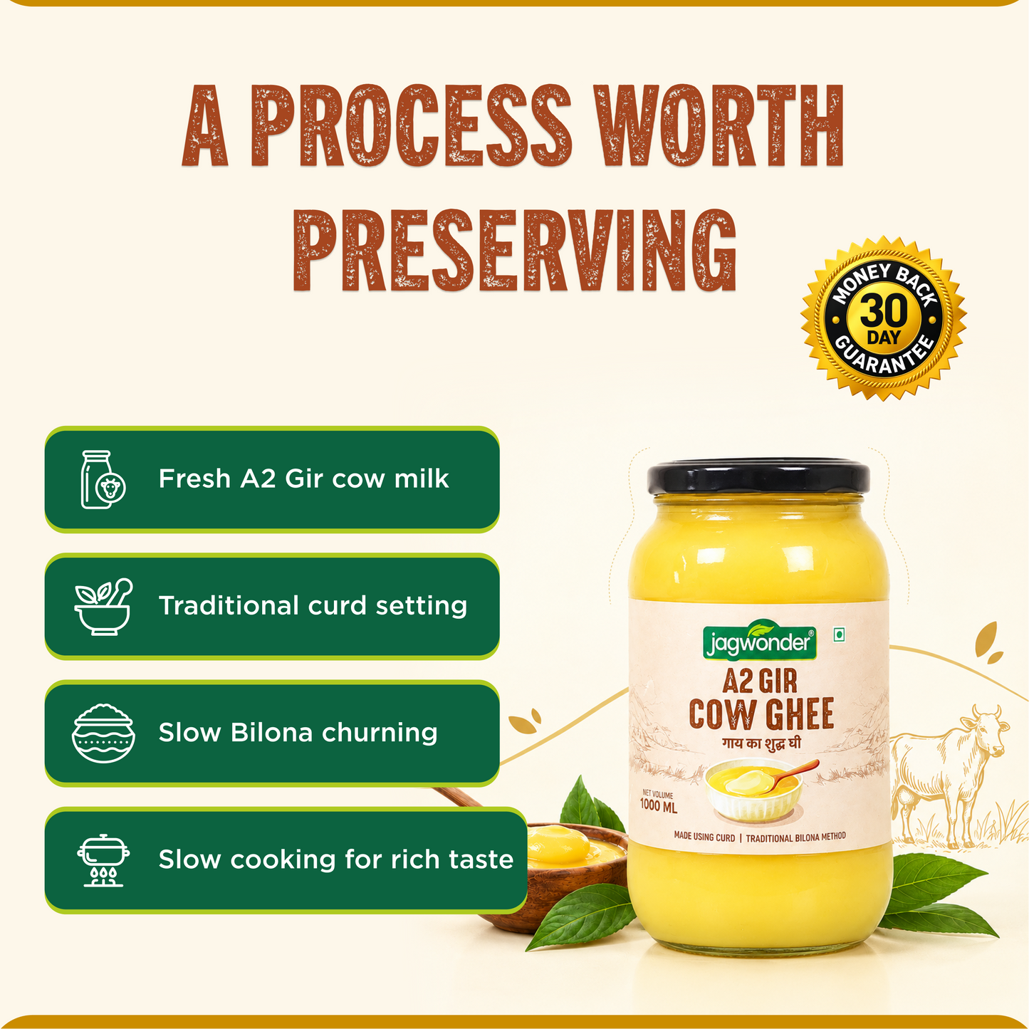 Jagwonder A2 Gir Cow Ghee 1 Ltr, Lactose free and infused with tulsi for balancing tridosha , Billona Method, Cultured, Glass Jar