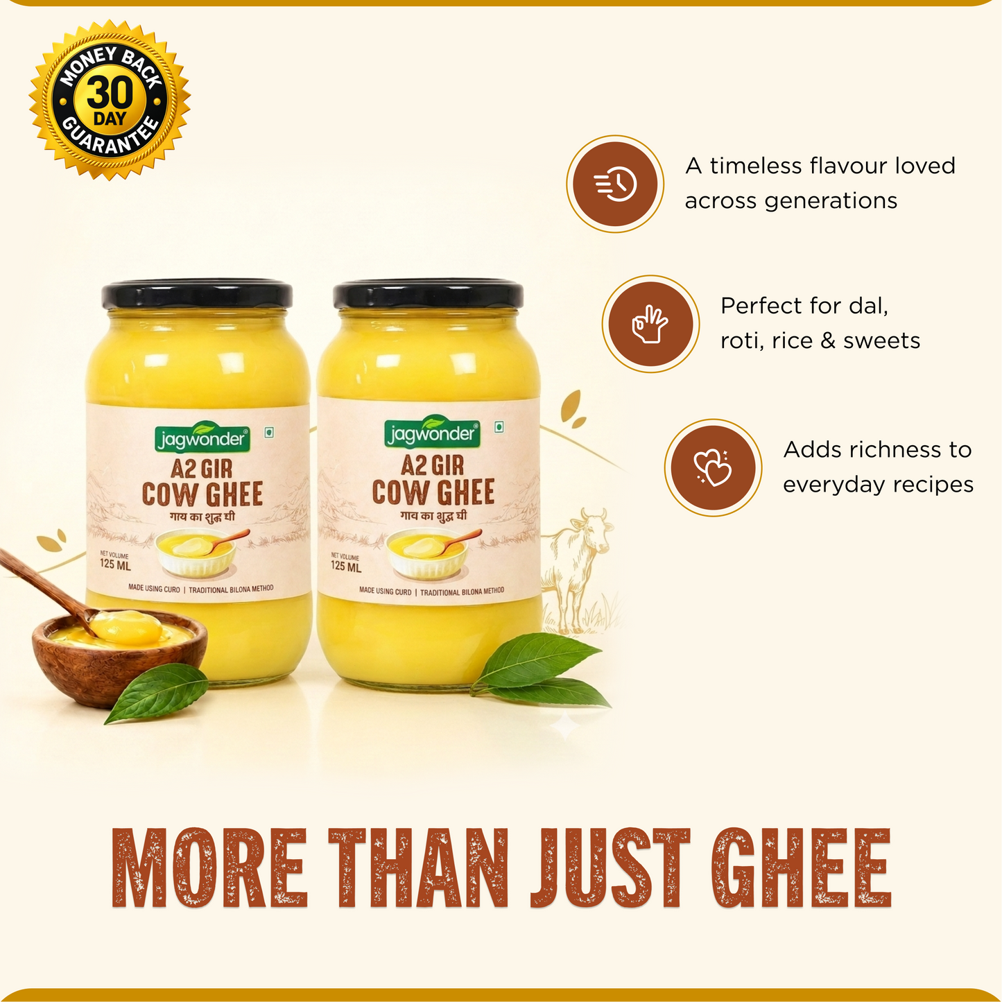 Jagwonder A2 Gir Cow Ghee 250ml ( 125ml*2) Lactose free ,  infused with tulsi for balancing tridosha , | Cultured, Bilona Method, Pure Desi Ghee | Made in Small Batches