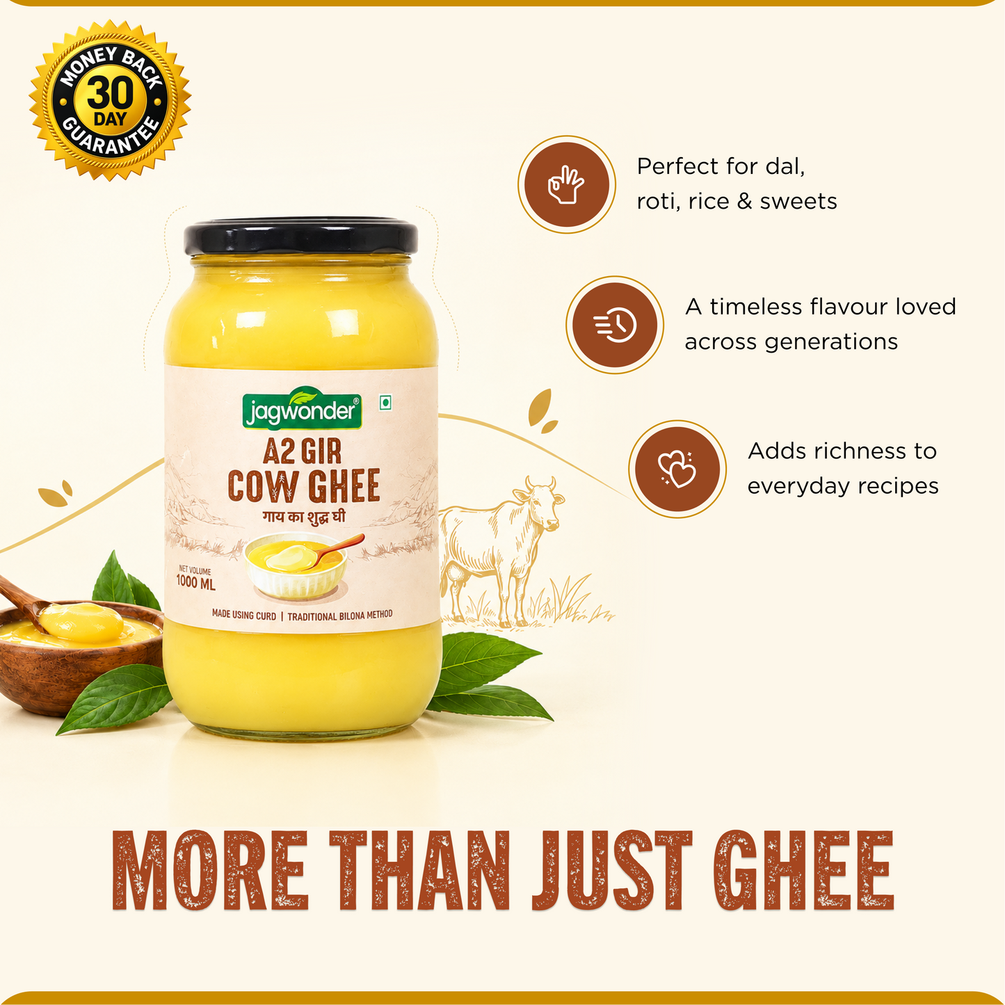 Jagwonder A2 Gir Cow Ghee 1 Ltr, Lactose free and infused with tulsi for balancing tridosha , Billona Method, Cultured, Glass Jar