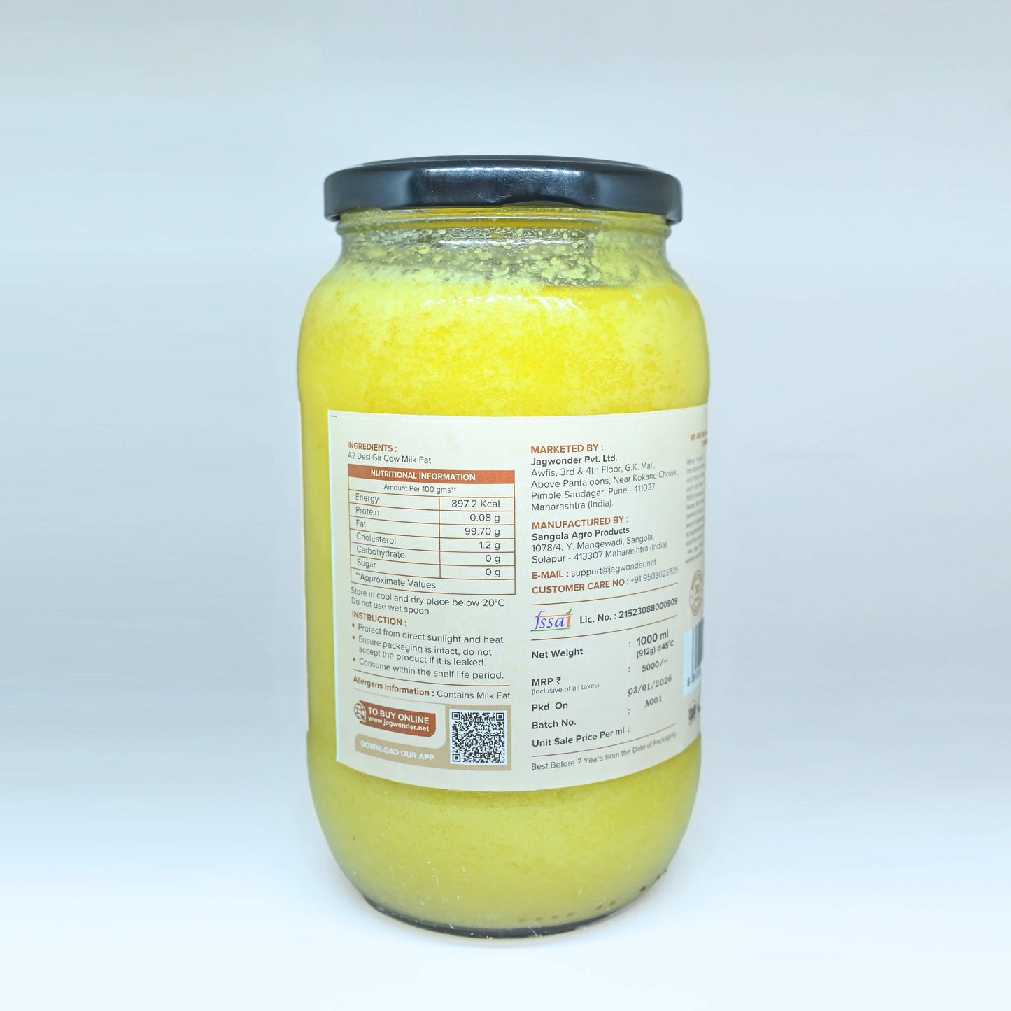 Jagwonder A2 Gir Cow Ghee 2L (1L x 2), Lactose free and infused with tulsi for balancing tridosha , Cultured & Bilona Made