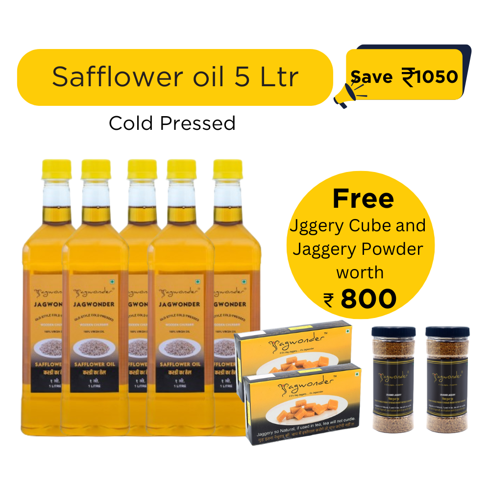 Jagwonder Cold Pressed Safflower Oil 5 litre (1 Litre 5 Bottles) + Free Gift ( Jaggery Cube 500gm 2 Pack worth Rs. 400 + Jaggery Powder 500gm 2 Jar worth Rs. 400) worth Rs.800