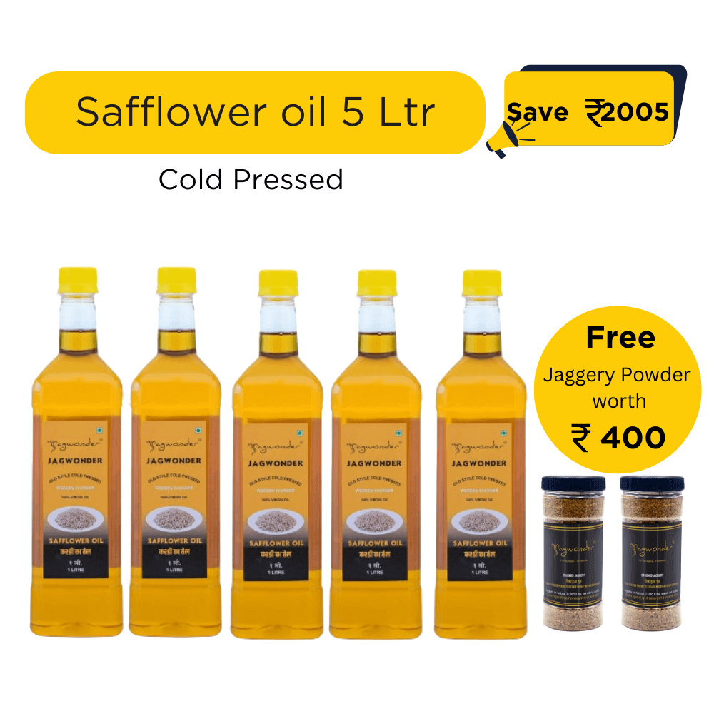 Jagwonder Cold Pressed Safflower Oil 5 litre (1 Litre 5 Bottles) + Free Gift Jaggery Powder 500gm 2 Jar worth Rs. 400