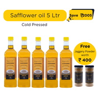 Jagwonder Cold Pressed Safflower Oil 5 litre (1 Litre 5 Bottles) + Free Gift Jaggery Powder 500gm 2 Jar worth Rs. 400