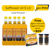 Jagwonder Cold Pressed Safflower Oil 5 litre (1 Litre 5 Bottles) + Free Gift ( Jaggery Cube 500gm 2 Pack worth Rs. 400 + Jaggery Powder 500gm 2 Jar worth Rs. 400) worth Rs.800