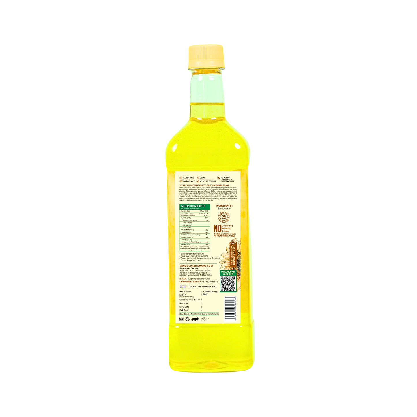 Jagwonder Cold Pressed  Sunflower Oil 5 litre (1 Litre 5 Bottles)