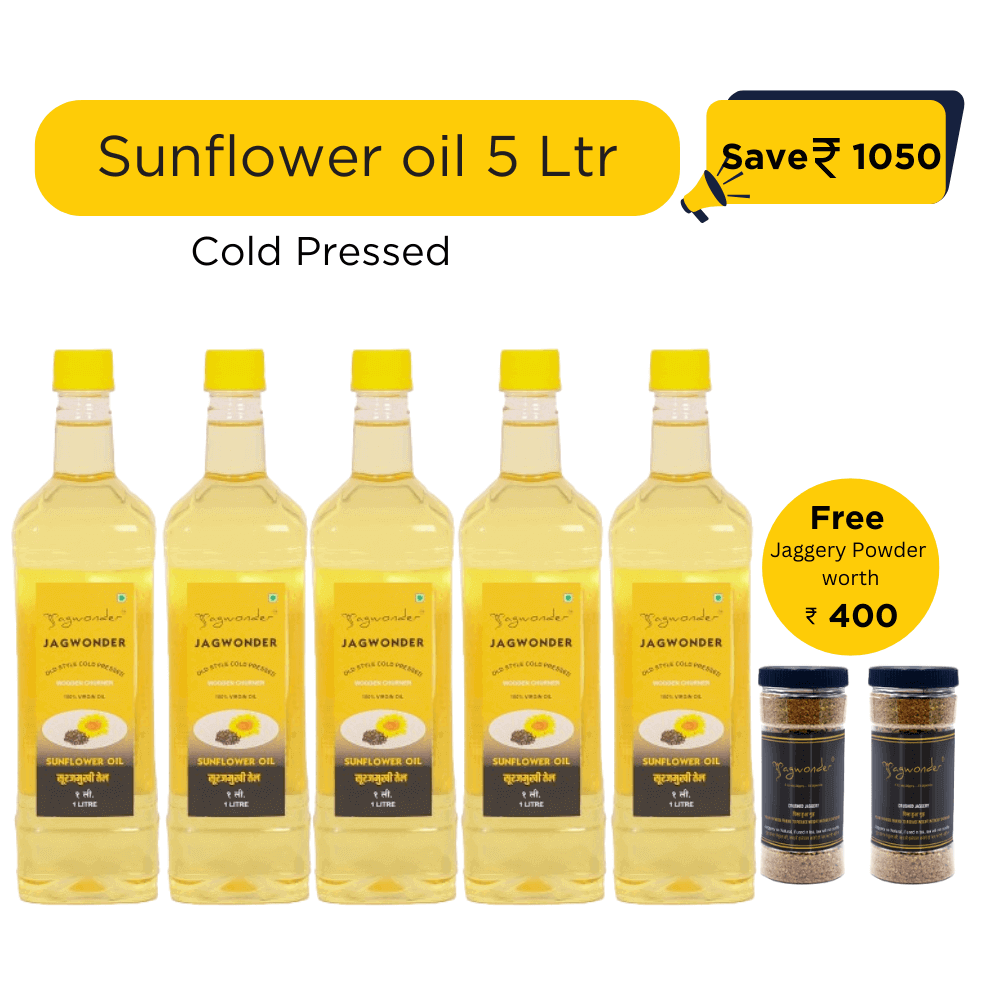 Jagwonder Cold Pressed  Sunflower Oil 5 litre (1 Litre 5 Bottles) +  Free Gift  Jaggery Powder 500gm 2 Jar worth Rs. 400
