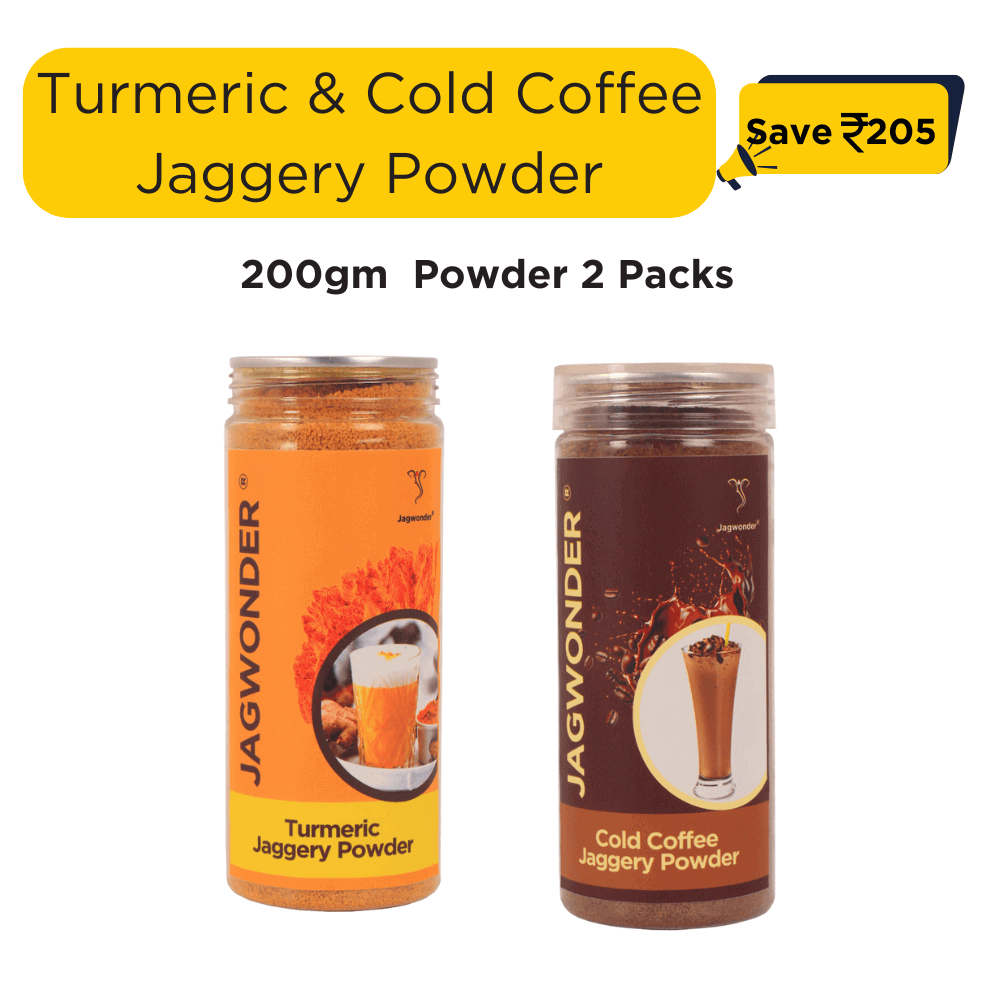 Jagwonder Turmeric Jaggery Powder ( 40 Cups ) & Cold Coffee Jaggery Powder ( 40 Cups ) | 80 Cups  | No Refined Sugar | Immunity Boosting & Instant Energy